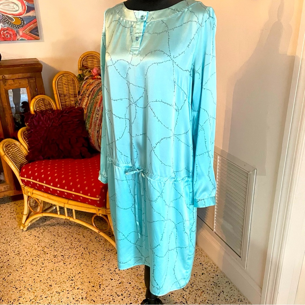 CHARLOTTE SPARRE Night Lounge Dress! Powder Blue Print! Drawstring Waist. Large - Picture 3 of 15